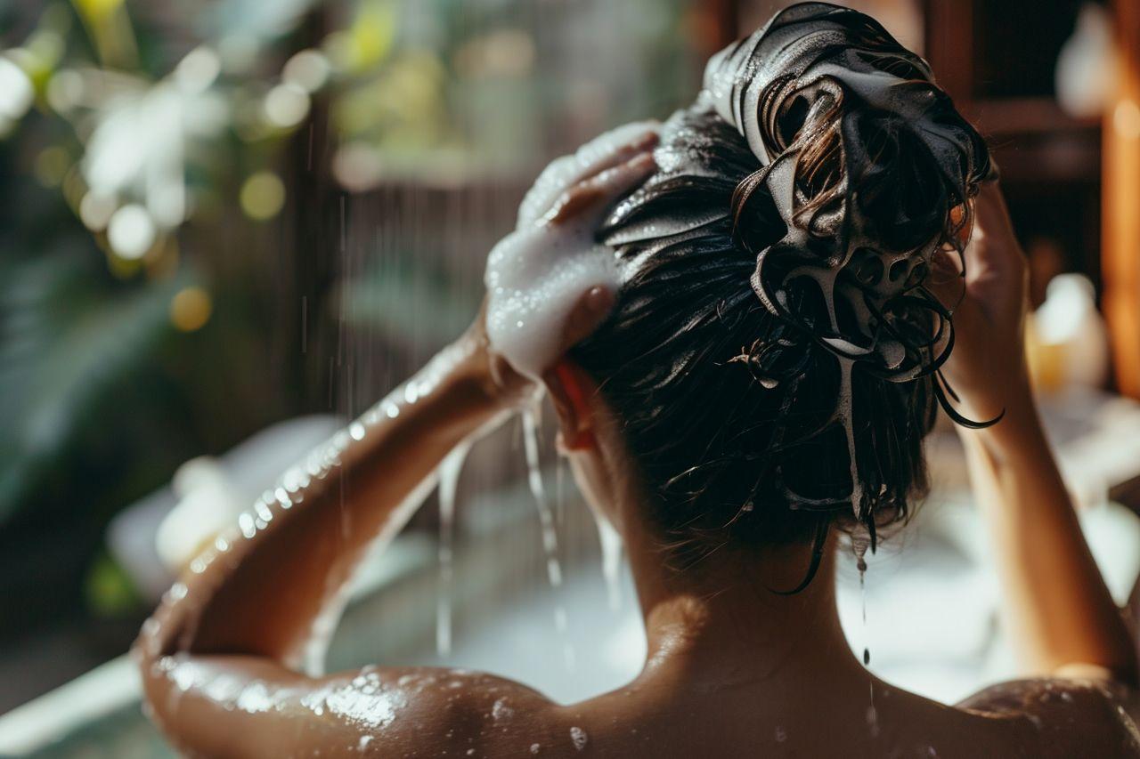 Mujer lavándose el pelo con abundante jabón. Codigo2 Studios