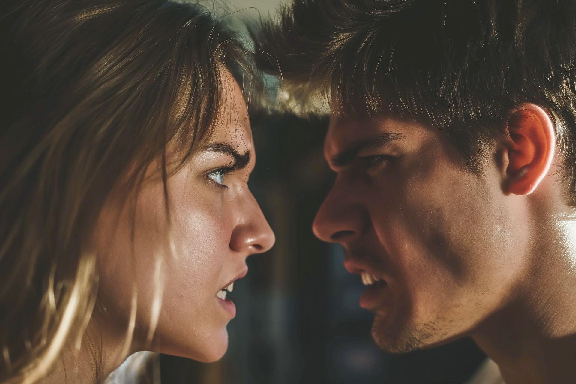 Pareja discutiendo con actitud desafiante. Codigo2 Studios